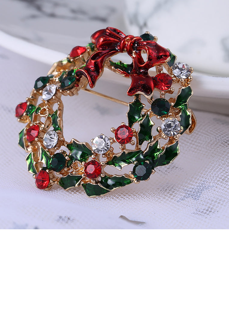 Fashion Creative Plated Gold Christmas Ribbon Wreath Brooch with Cubic Zirconia - Luxurious Look