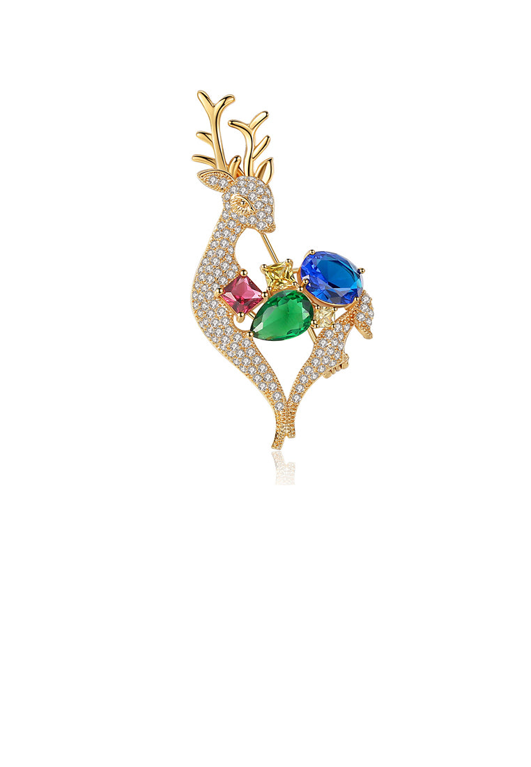 Fashion and Cute Plated Gold Deer Brooch with Colorful Cubic Zirconia - Luxurious Look