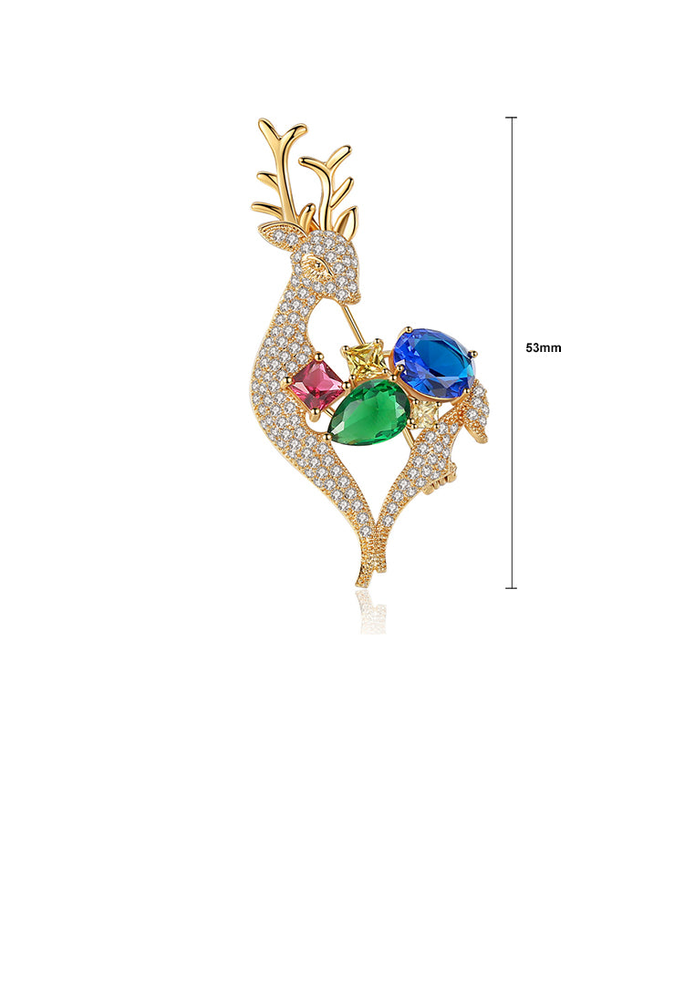 Fashion and Cute Plated Gold Deer Brooch with Colorful Cubic Zirconia - Luxurious Look