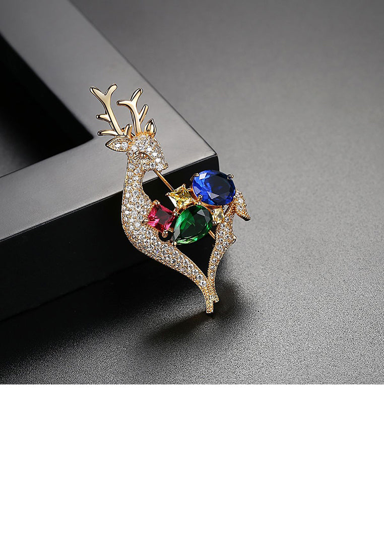 Fashion and Cute Plated Gold Deer Brooch with Colorful Cubic Zirconia - Luxurious Look