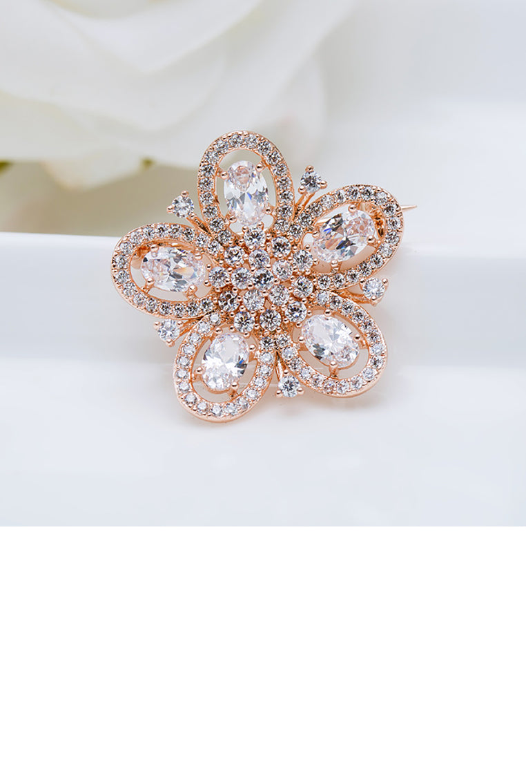 Fashion and Elegant Plated Rose Gold Flower Brooch with Cubic Zirconia - Luxurious Look