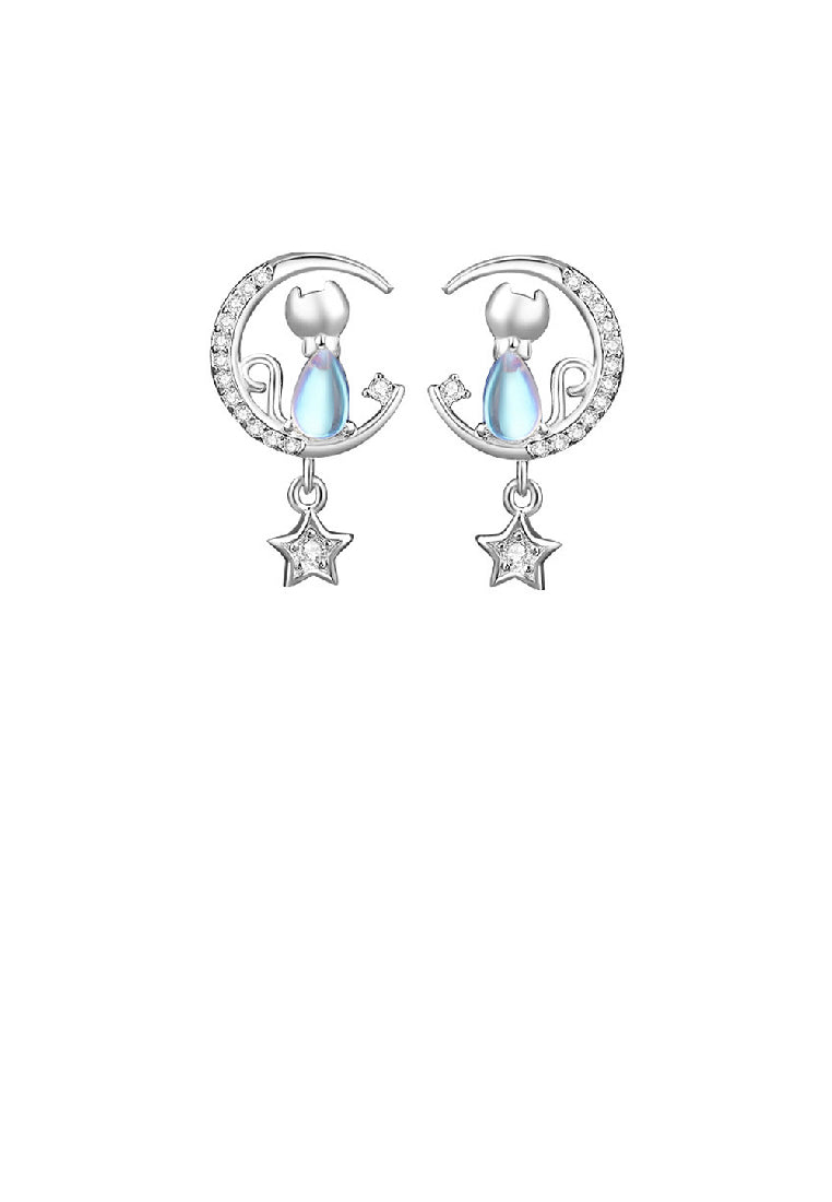 925 Sterling Silver Simple and Cute Star Moon Cat Moonstone Stud Earrings with Cubic Zirconia - Luxurious Look