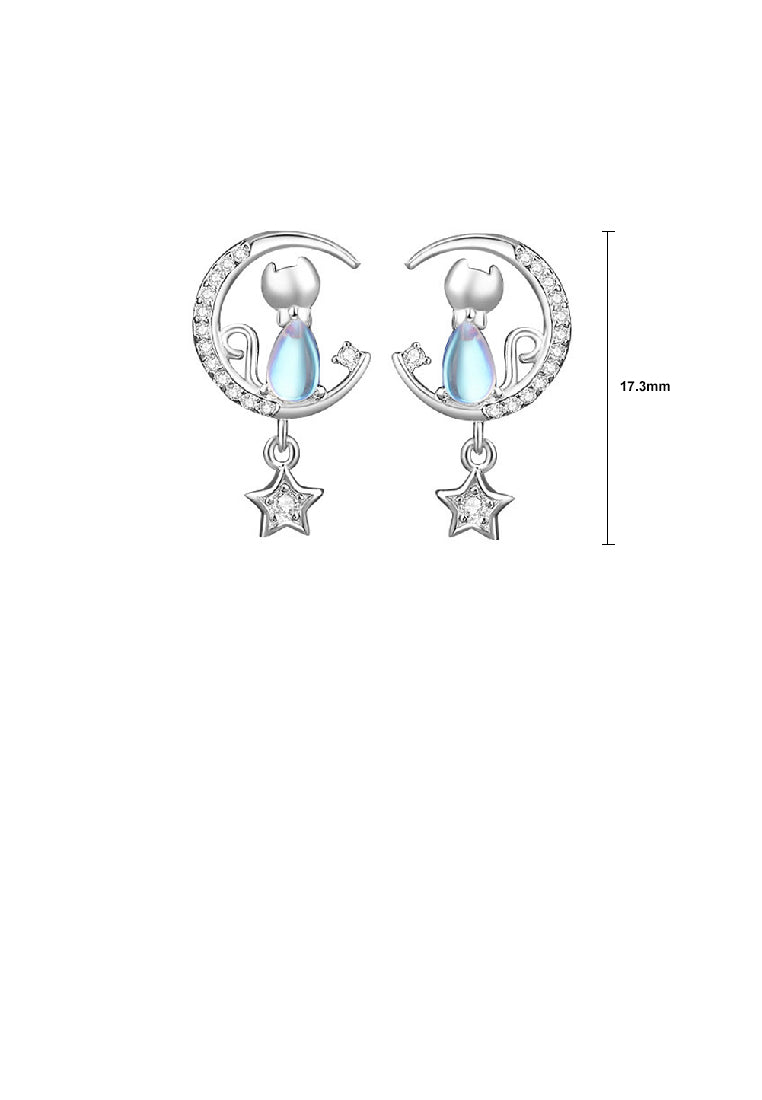 925 Sterling Silver Simple and Cute Star Moon Cat Moonstone Stud Earrings with Cubic Zirconia - Luxurious Look