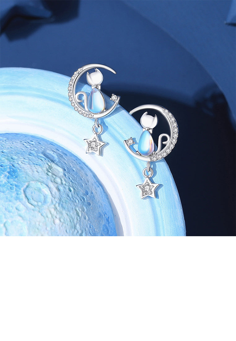 925 Sterling Silver Simple and Cute Star Moon Cat Moonstone Stud Earrings with Cubic Zirconia - Luxurious Look