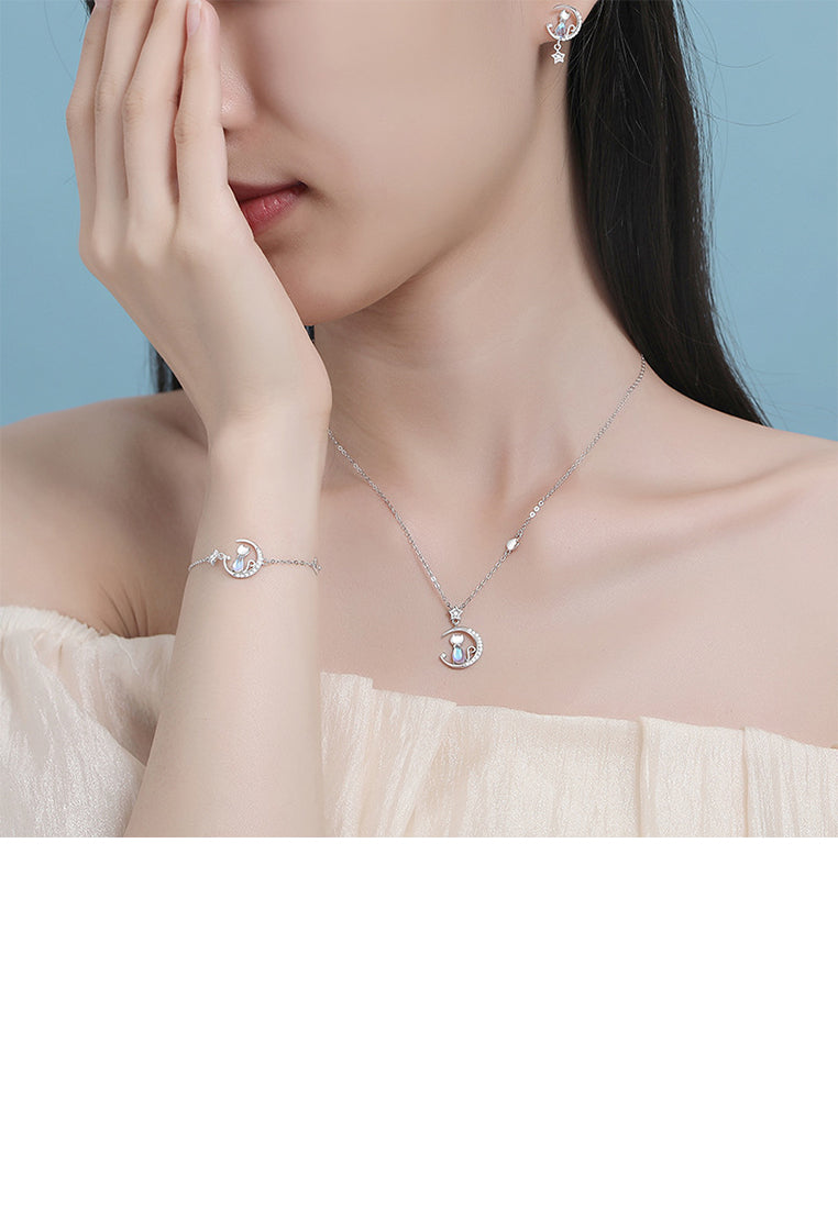 925 Sterling Silver Simple and Cute Star Moon Cat Moonstone Stud Earrings with Cubic Zirconia - Luxurious Look