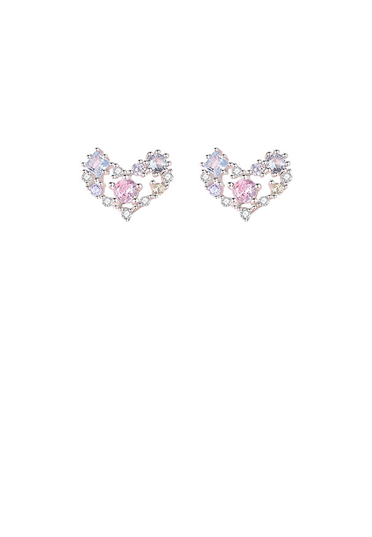 925 Sterling Silver Simple Romantic Hollow Heart-shaped Stud Earrings with Colored Cubic Zirconia - Luxurious Look