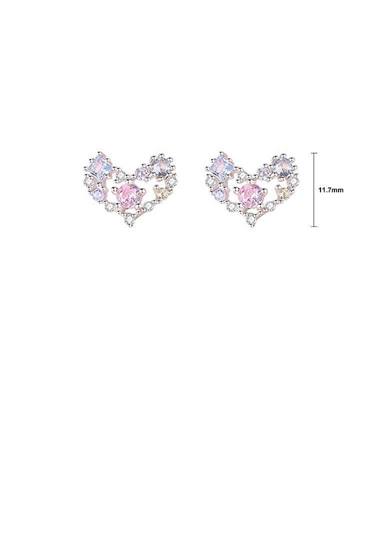 925 Sterling Silver Simple Romantic Hollow Heart-shaped Stud Earrings with Colored Cubic Zirconia - Luxurious Look
