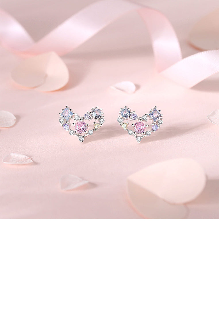 925 Sterling Silver Simple Romantic Hollow Heart-shaped Stud Earrings with Colored Cubic Zirconia - Luxurious Look