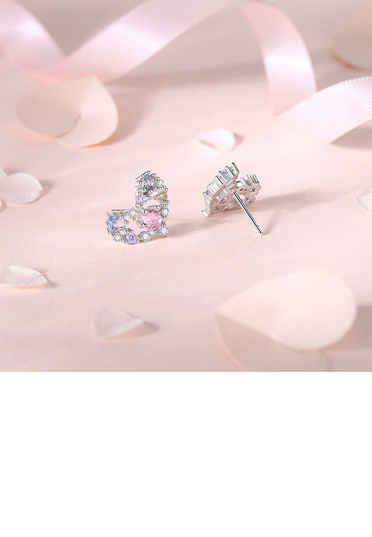 925 Sterling Silver Simple Romantic Hollow Heart-shaped Stud Earrings with Colored Cubic Zirconia - Luxurious Look