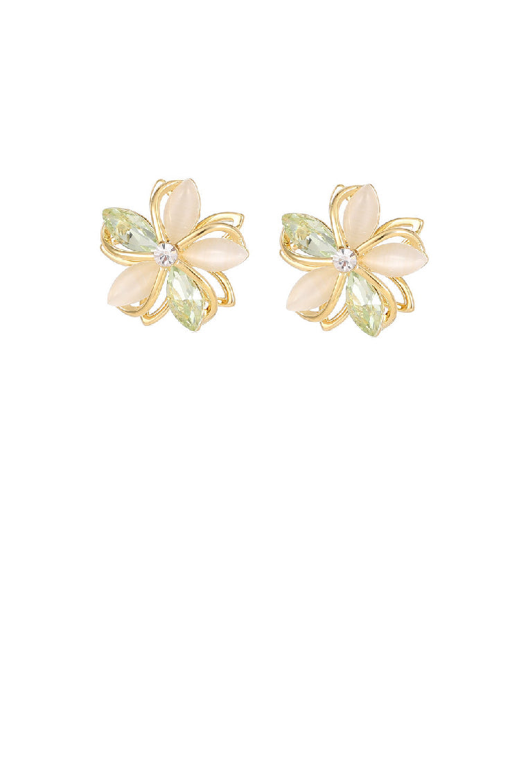 Fashion Simple Plated Gold Hollow Flower Imitation Opal Stud Earrings with Cubic Zirconia - Luxurious Look
