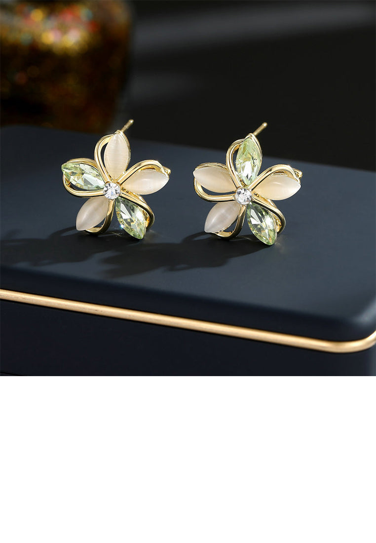 Fashion Simple Plated Gold Hollow Flower Imitation Opal Stud Earrings with Cubic Zirconia - Luxurious Look
