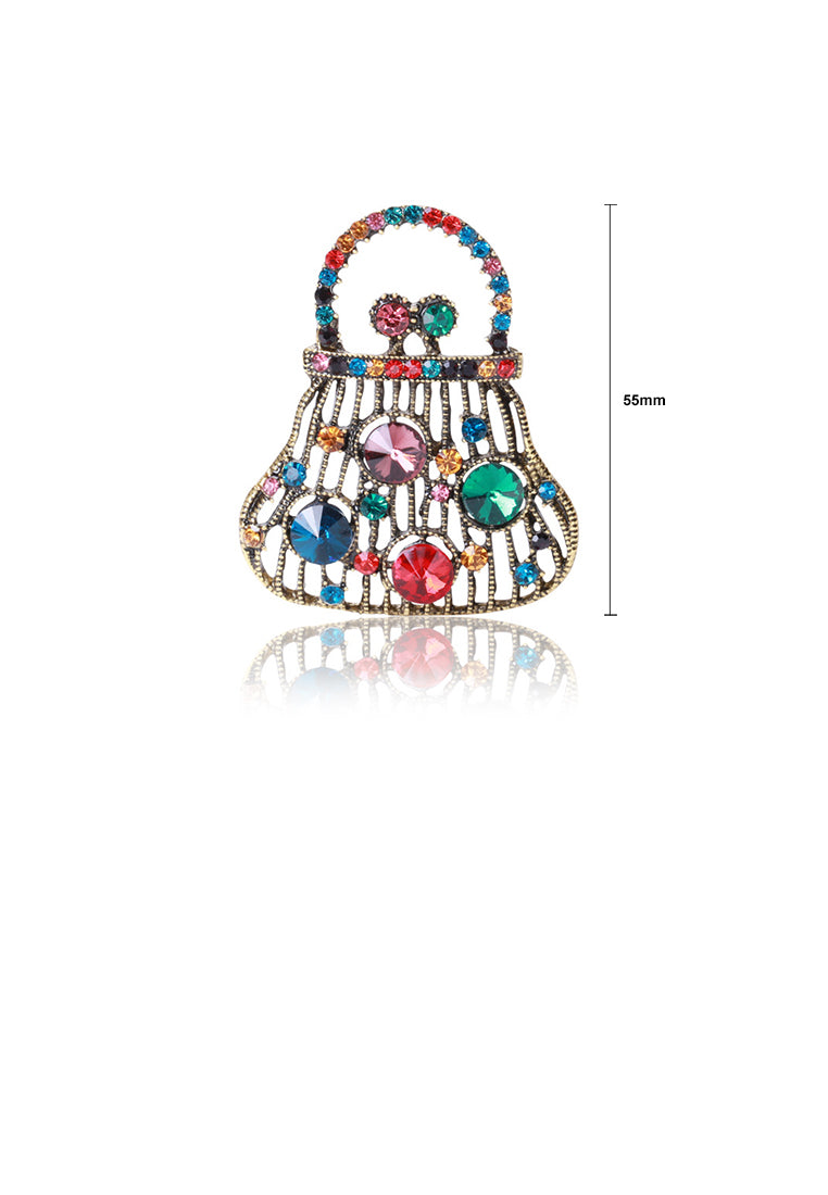 Simple Vintage Plated Gold Hollow Handbag Brooch with Cubic Zirconia - Luxurious Look