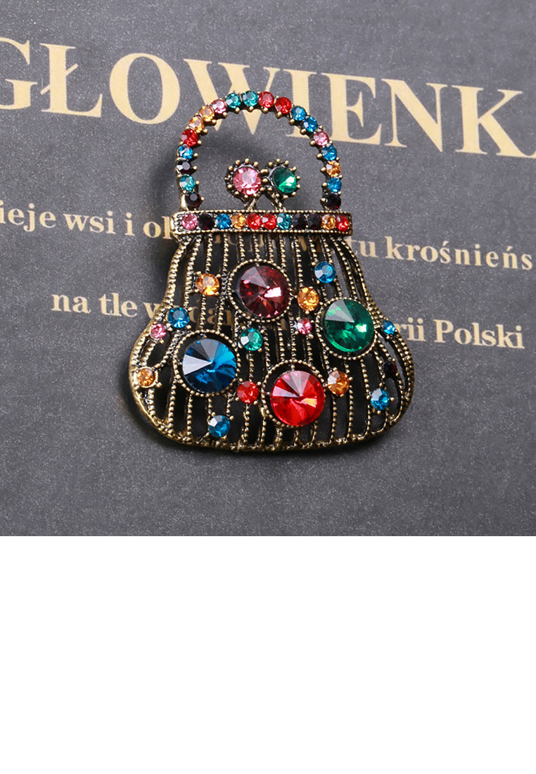 Simple Vintage Plated Gold Hollow Handbag Brooch with Cubic Zirconia - Luxurious Look