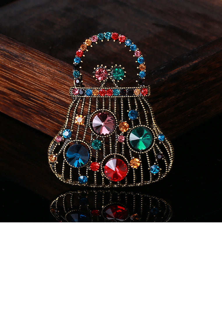 Simple Vintage Plated Gold Hollow Handbag Brooch with Cubic Zirconia - Luxurious Look