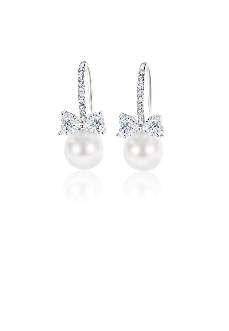 925 Sterling Silver Fashion Sweet Ribbon Imitation Pearl Earrings with Cubic Zirconia - Luxurious Look