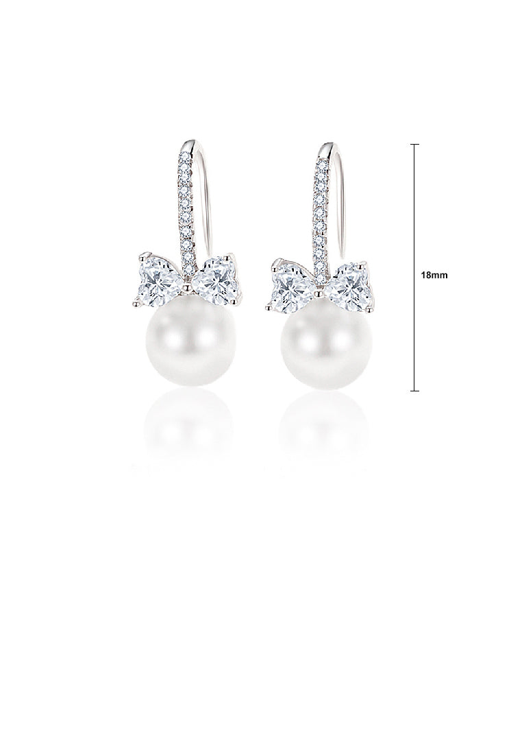 925 Sterling Silver Fashion Sweet Ribbon Imitation Pearl Earrings with Cubic Zirconia - Luxurious Look