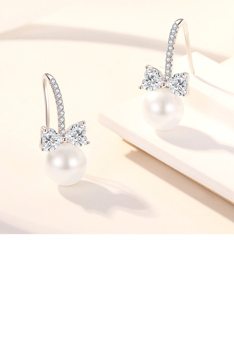925 Sterling Silver Fashion Sweet Ribbon Imitation Pearl Earrings with Cubic Zirconia - Luxurious Look
