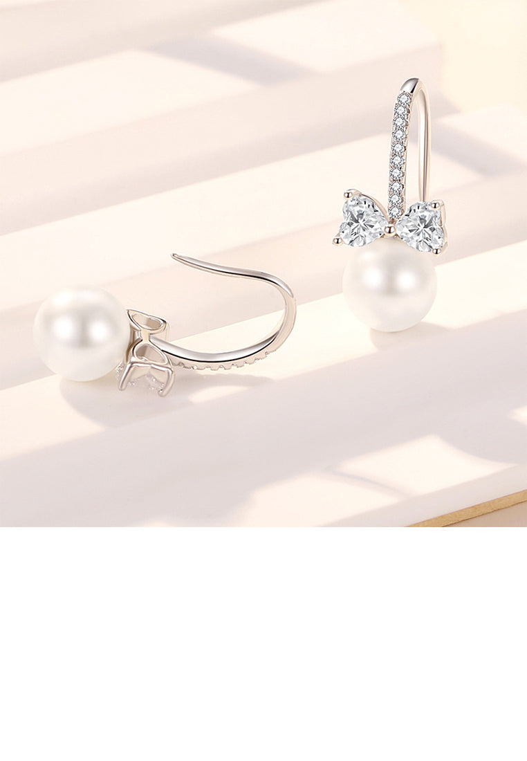 925 Sterling Silver Fashion Sweet Ribbon Imitation Pearl Earrings with Cubic Zirconia - Luxurious Look