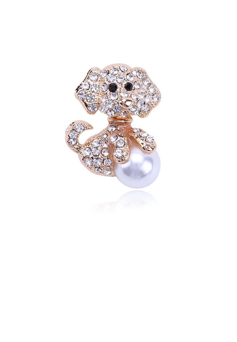 Bright and Lovely Plated Gold Puppy Imitation Pearl Brooch with Cubic Zirconia - Luxurious Look