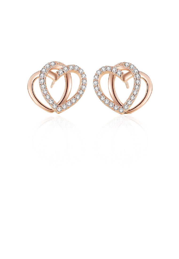 925 Sterling Silver Plated Gold Simple Fashion Hollow Double Heart Stud Earrings with Cubic Zirconia - Luxurious Look