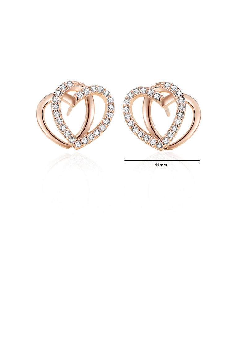 925 Sterling Silver Plated Gold Simple Fashion Hollow Double Heart Stud Earrings with Cubic Zirconia - Luxurious Look