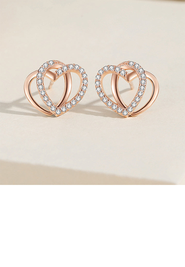 925 Sterling Silver Plated Gold Simple Fashion Hollow Double Heart Stud Earrings with Cubic Zirconia - Luxurious Look