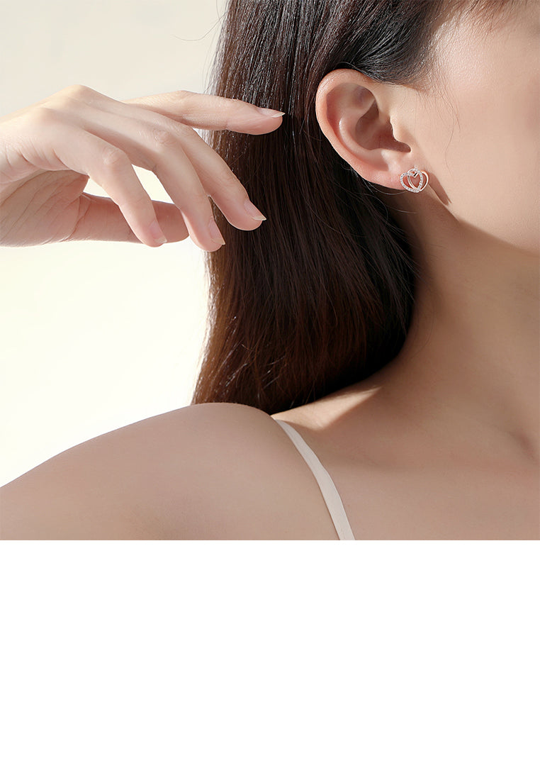 925 Sterling Silver Plated Gold Simple Fashion Hollow Double Heart Stud Earrings with Cubic Zirconia - Luxurious Look