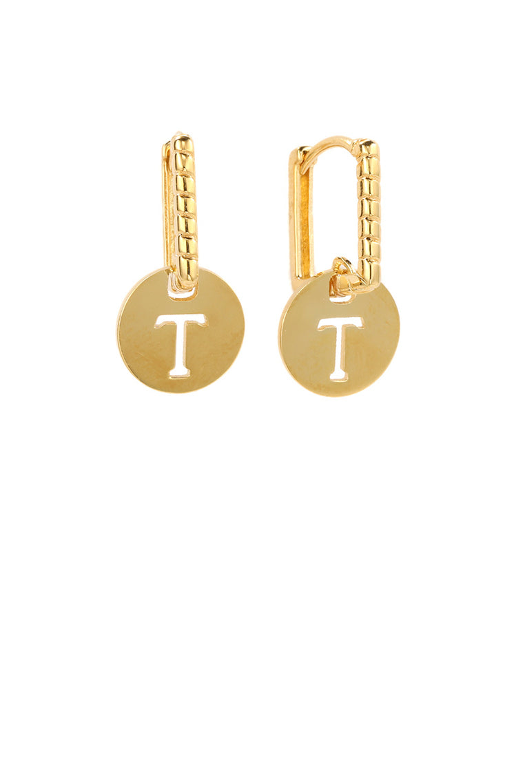 925 Sterling Silver Plated Gold Simple and Fashion Hollow Alphabet T Round Earrings