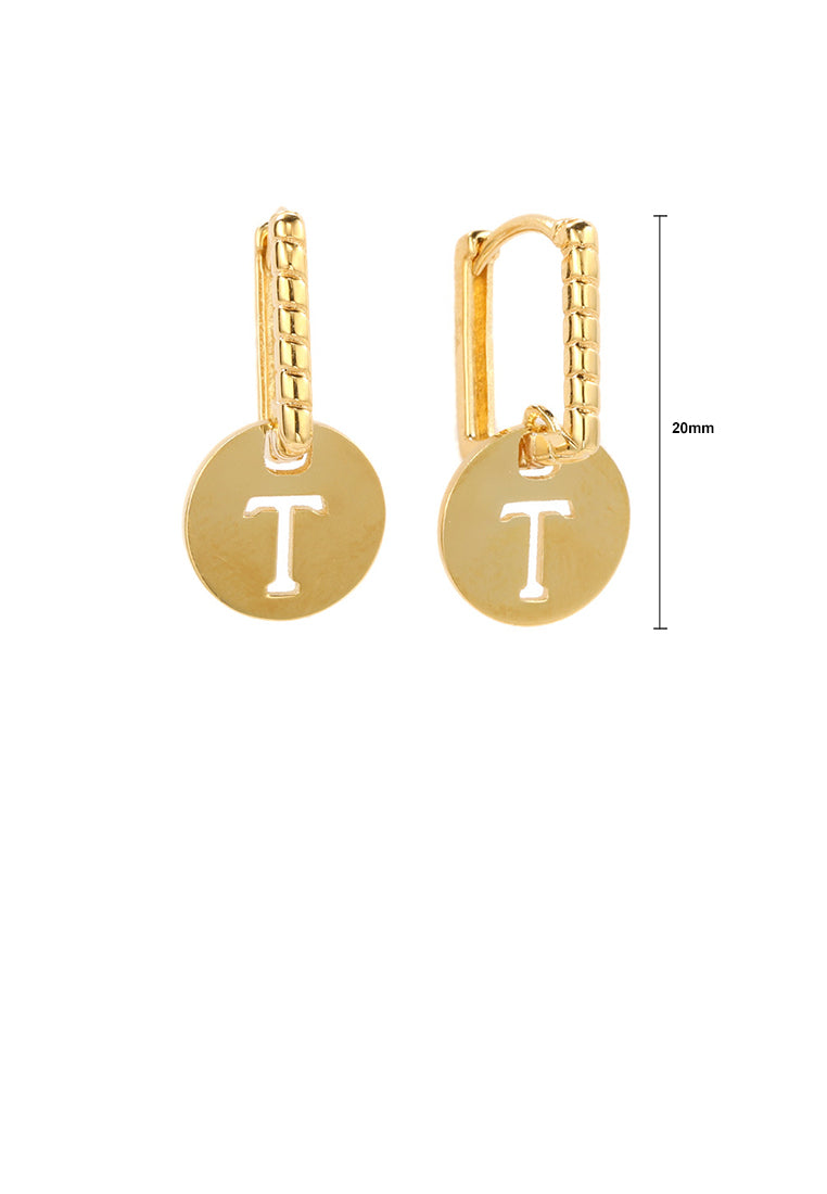 925 Sterling Silver Plated Gold Simple and Fashion Hollow Alphabet T Round Earrings