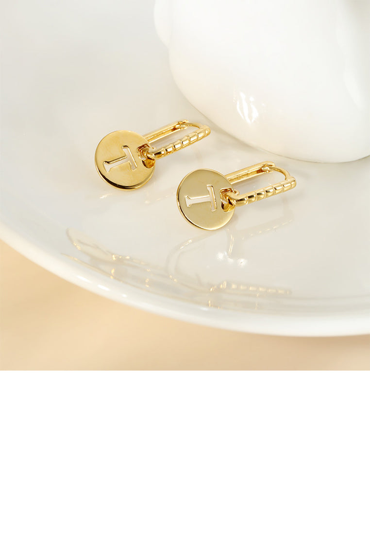 925 Sterling Silver Plated Gold Simple and Fashion Hollow Alphabet T Round Earrings