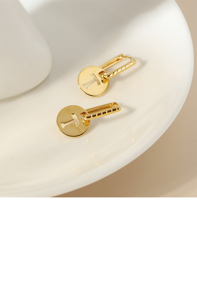925 Sterling Silver Plated Gold Simple and Fashion Hollow Alphabet T Round Earrings