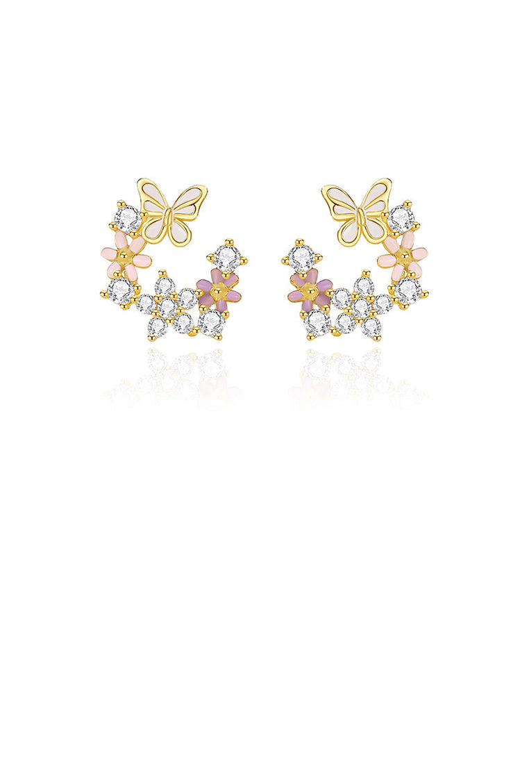 925 Sterling Silver Plated Gold Fashion Sweet Butterfly Flower Stud Earrings with Cubic Zirconia - Luxurious Look