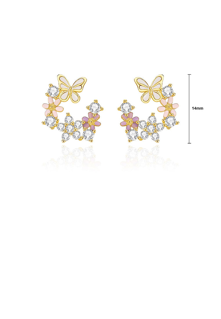 925 Sterling Silver Plated Gold Fashion Sweet Butterfly Flower Stud Earrings with Cubic Zirconia - Luxurious Look