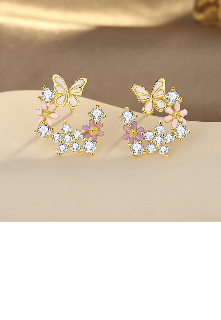 925 Sterling Silver Plated Gold Fashion Sweet Butterfly Flower Stud Earrings with Cubic Zirconia - Luxurious Look