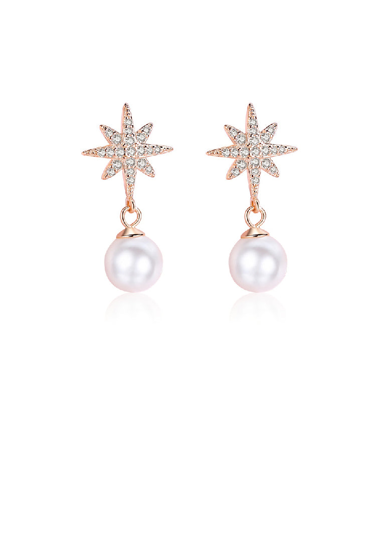 925 Sterling Silver Plated Rose Gold Fashion Elegant Star Imitation Pearl Earrings with Cubic Zirconia - Luxurious Look