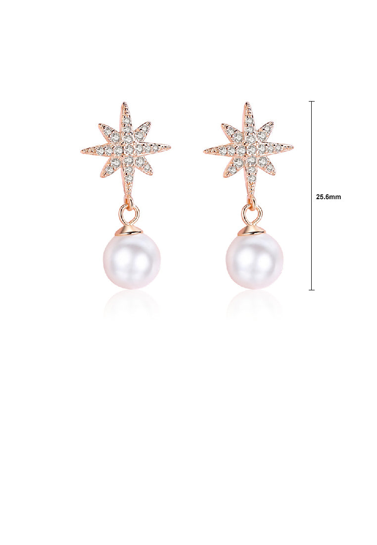 925 Sterling Silver Plated Rose Gold Fashion Elegant Star Imitation Pearl Earrings with Cubic Zirconia - Luxurious Look
