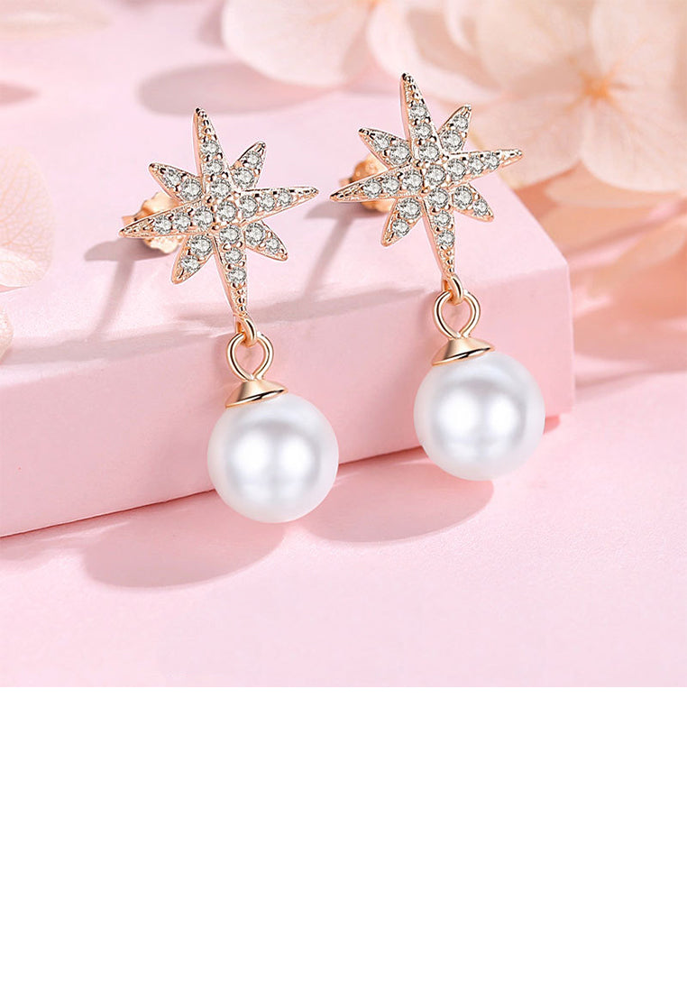 925 Sterling Silver Plated Rose Gold Fashion Elegant Star Imitation Pearl Earrings with Cubic Zirconia - Luxurious Look
