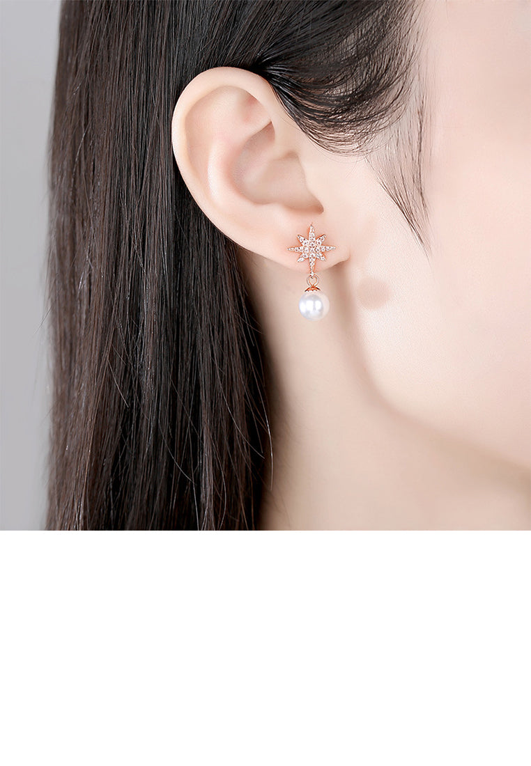 925 Sterling Silver Plated Rose Gold Fashion Elegant Star Imitation Pearl Earrings with Cubic Zirconia - Luxurious Look