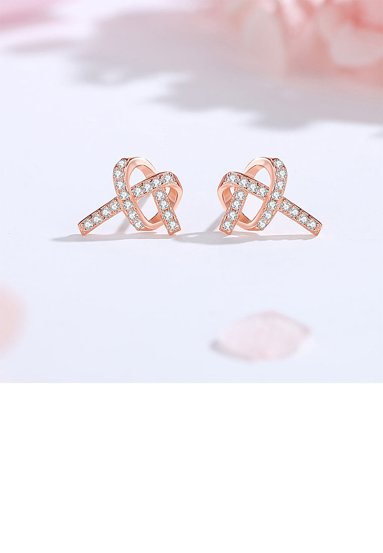 925 Sterling Silver Plated Rose Gold Simple and Cute Heart-shaped Stud Earrings with Cubic Zirconia - Luxurious Look