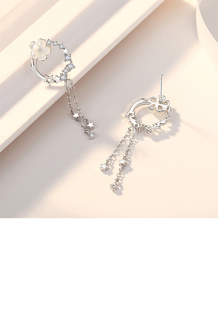 925 Sterling Silver Fashion Elegant Shooting Star Flower Tassel Earrings with Cubic Zirconia - Luxurious Look