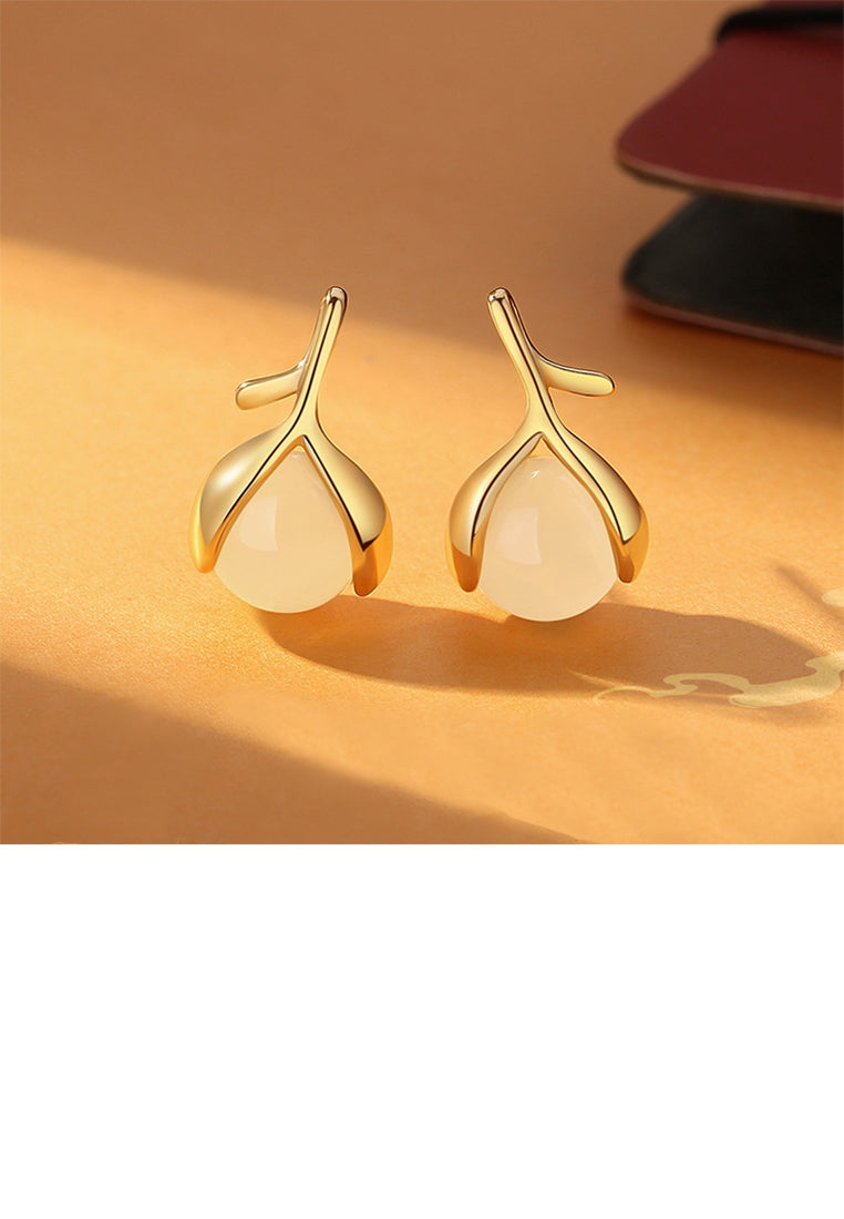 925 Sterling Silver Plated Gold Elegant Vintage Geometric Imitation Hetian Jade Stud Earrings