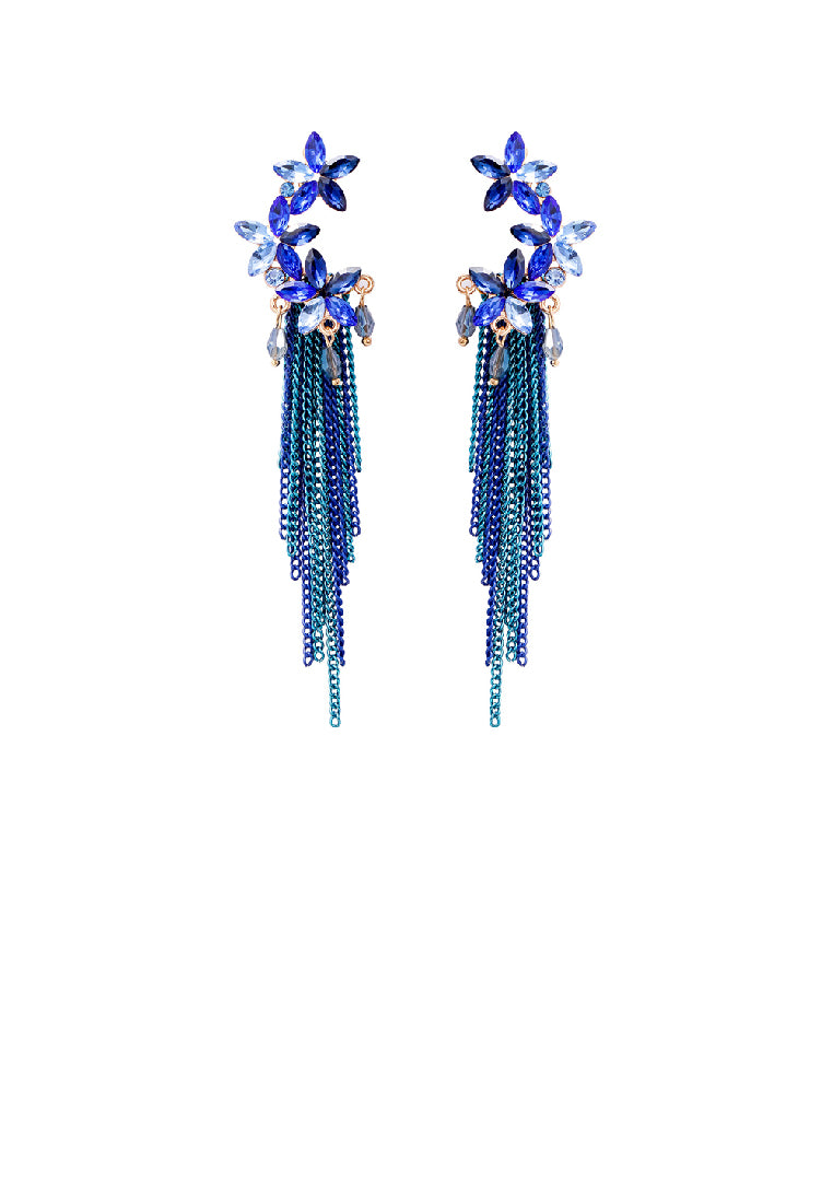 Fashion Elegant Plated Gold Flower Tassel Stud Earrings with Blue Cubic Zirconia - Luxurious Look