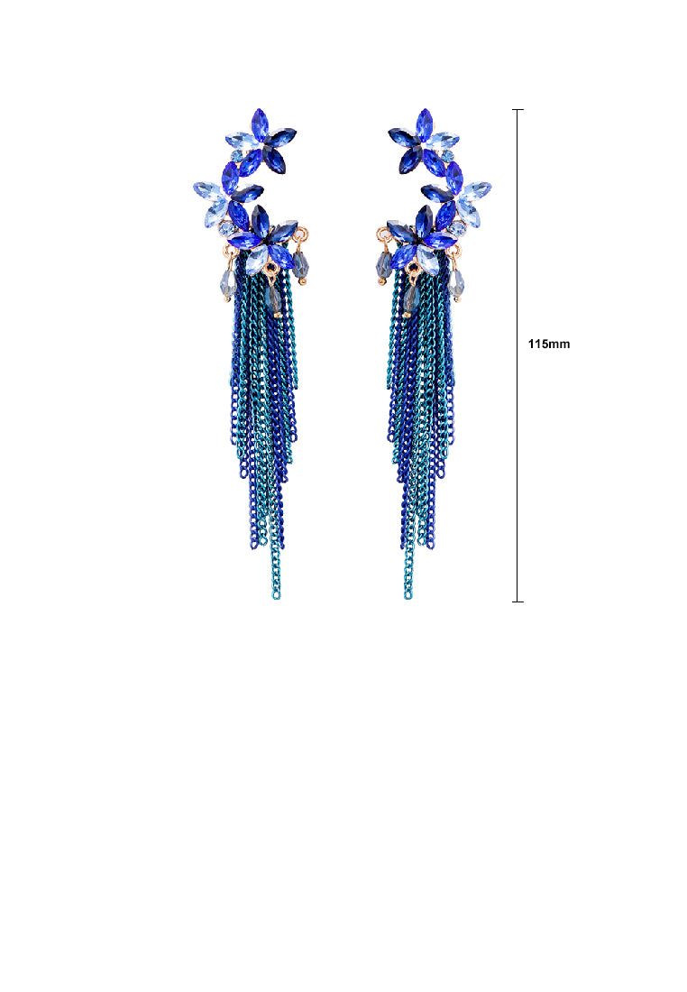 Fashion Elegant Plated Gold Flower Tassel Stud Earrings with Blue Cubic Zirconia - Luxurious Look