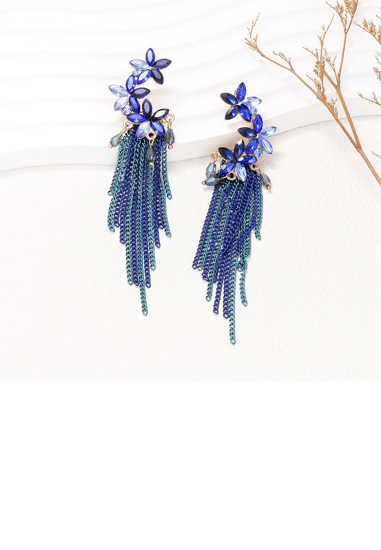 Fashion Elegant Plated Gold Flower Tassel Stud Earrings with Blue Cubic Zirconia - Luxurious Look