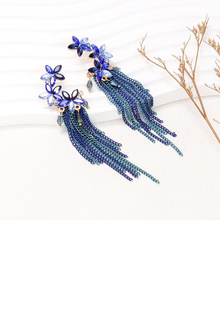 Fashion Elegant Plated Gold Flower Tassel Stud Earrings with Blue Cubic Zirconia - Luxurious Look