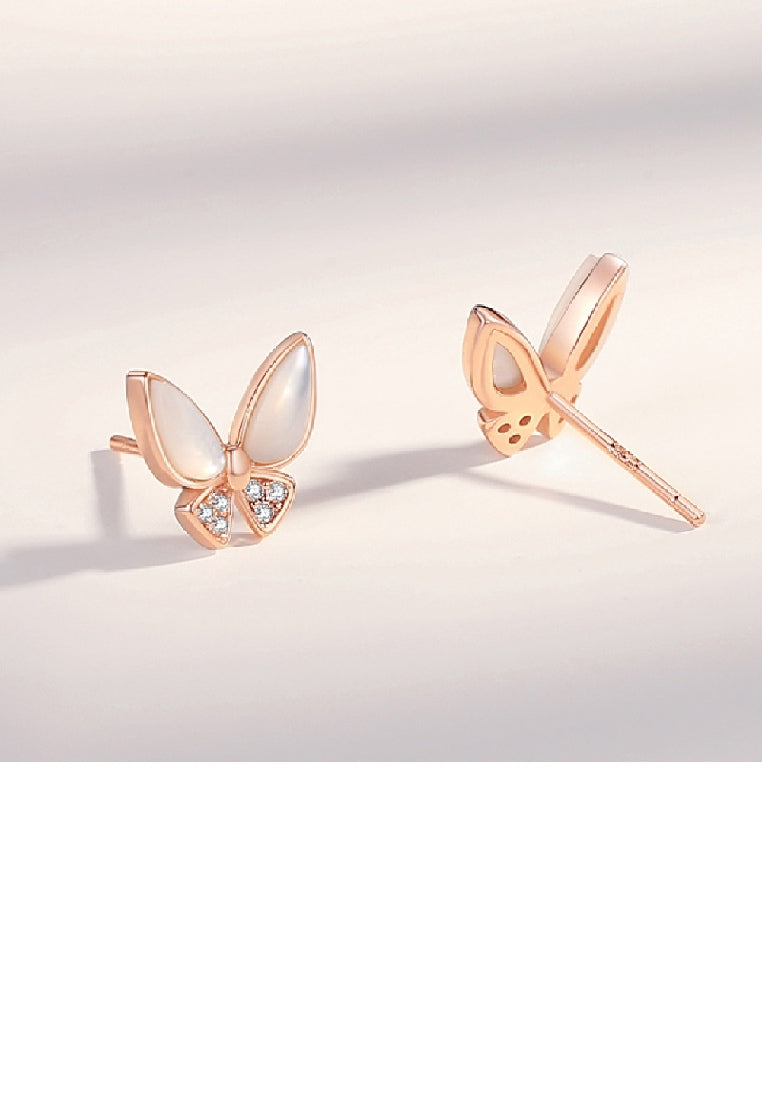 925 Sterling Silver Plated Rose Gold Simple Temperament Butterfly Mother-of-pearl Stud Earrings with Cubic Zirconia - Luxurious Look