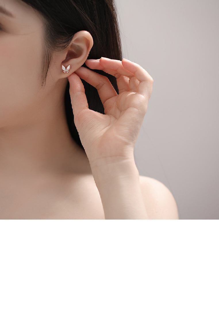 925 Sterling Silver Plated Rose Gold Simple Temperament Butterfly Mother-of-pearl Stud Earrings with Cubic Zirconia - Luxurious Look