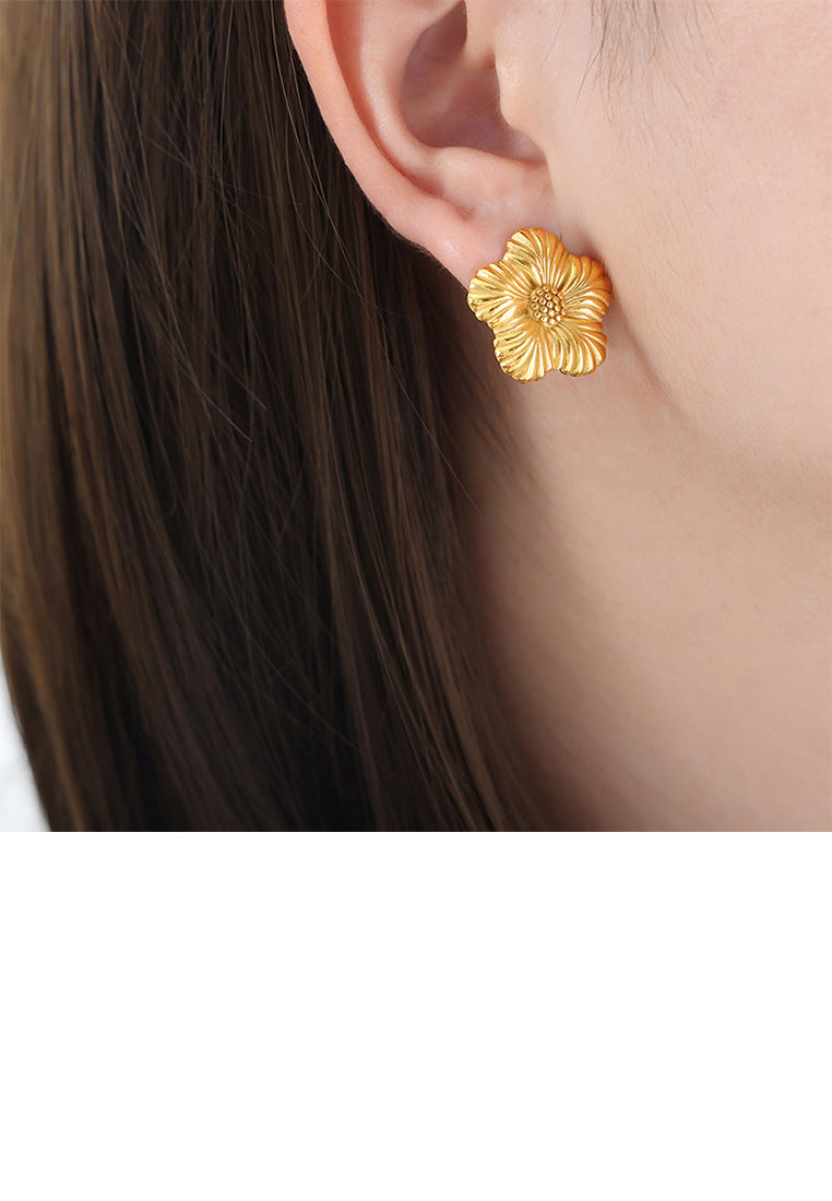 Fashion and Sweet Plated Gold 316L Stainless Steel Flower Stud Earrings