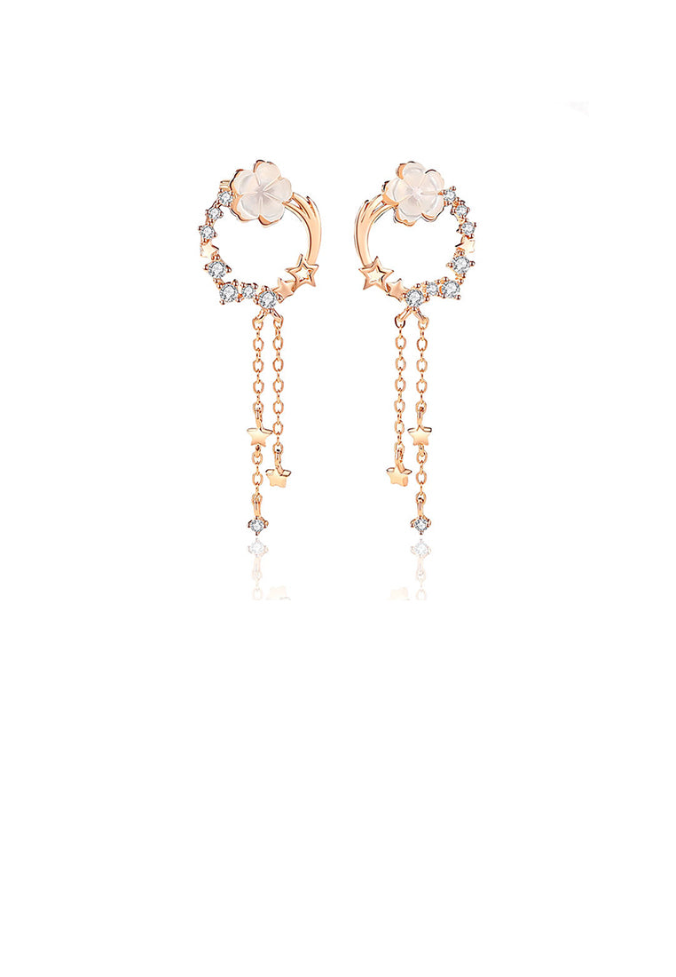 925 Sterling Silver Plated Rose Gold Fashion Elegant Shooting Star Flower Tassel Earrings with Cubic Zirconia - Luxurious Look