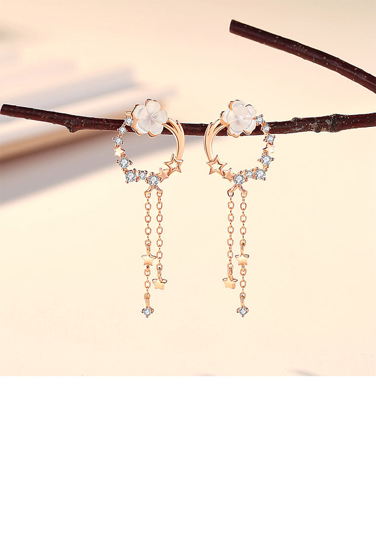 925 Sterling Silver Plated Rose Gold Fashion Elegant Shooting Star Flower Tassel Earrings with Cubic Zirconia - Luxurious Look